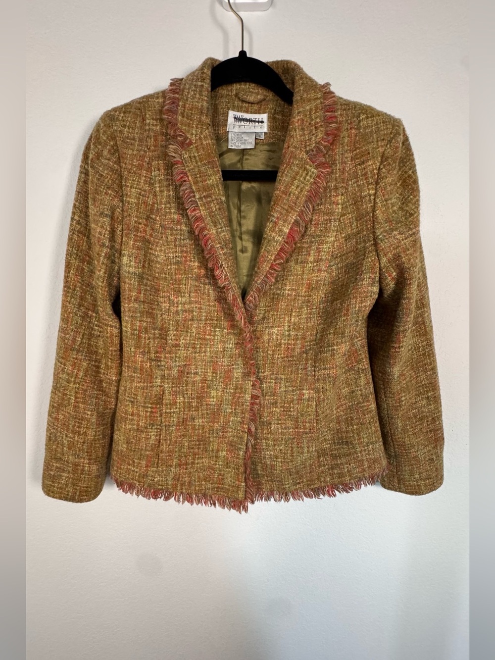Worth Petite Tweed Fringe Blazer Jacket. SZ 8 Wool Blend Career Classic Preppy